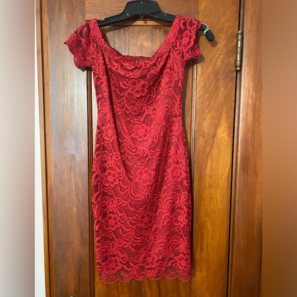Red lace off shoulder mini dress